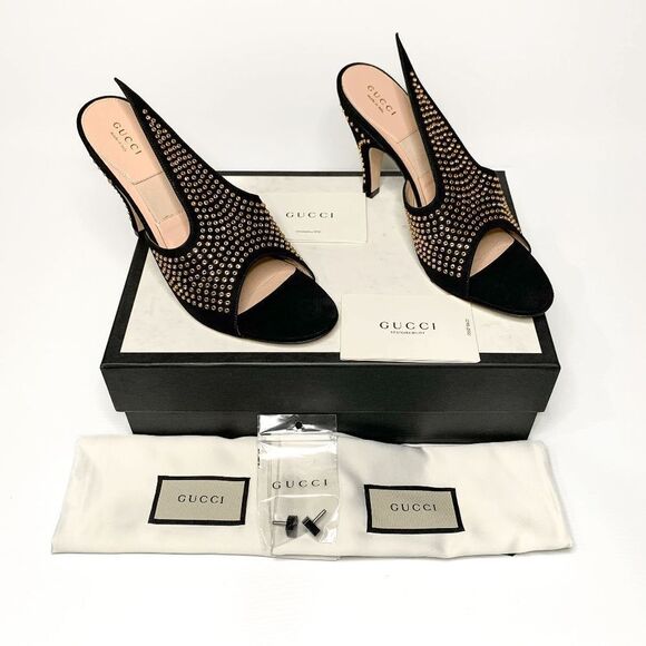 Gucci Shoes - Gucci Fedra Crystal Embellished High Heel Mules EU 39.5 US 9.5 Black Suede Pumps